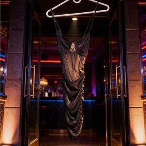 Tiger Mist Black Metallic Sheer Draped Slip Dress